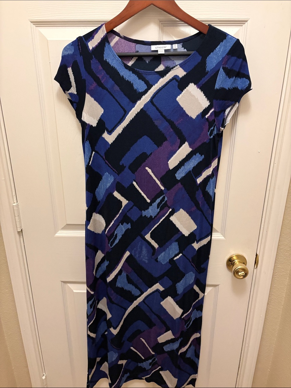 Chico's Abstract Blue & Purple Midi Dress size 4-6 A125 great for Traveling